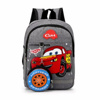 Mochila Cars efecto denim gris con fondo blanco