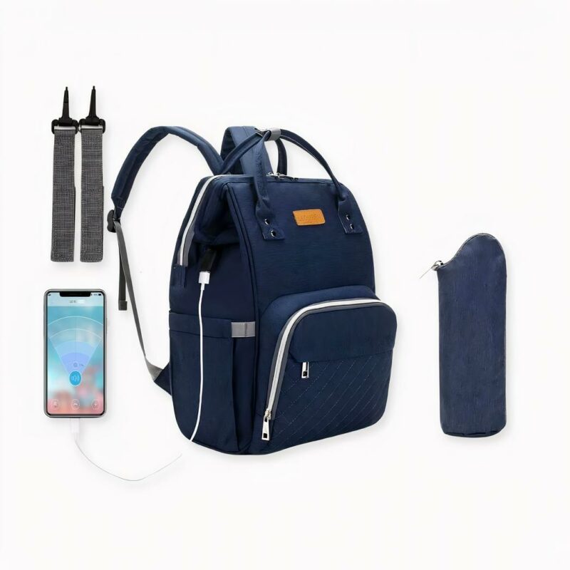 IMG_Sac à couche avec por_USB _sac_isotherme_1F Una bolsa para pañales con puerto USB y una elegante bolsa nevera para las mamás a la moda. Esta mochila es muy práctica, con un montón de bolsillos, un puerto USB y una bolsa nevera para empezar. Es impermeable y tiene un bolsillo exterior para toallitas con una pequeña ranura para que pueda sacarlas directamente del bolsillo.