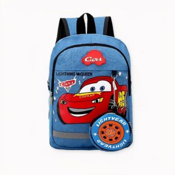Mochila Cars en efecto denim gris con fondo blanco, color azul, de buena calidad y muy de moda.