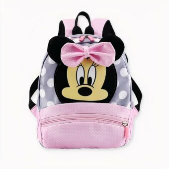 Mochila infantil con lunares negros y rojos de Minnie y fondo blanco