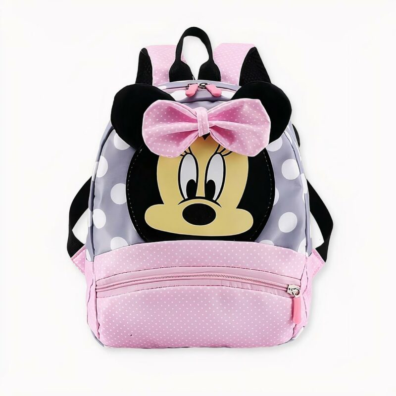 Mochila infantil con lunares negros y rojos de Minnie y fondo blanco