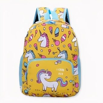 Mochila infantil con estampado de unicornio amarillo y azul.