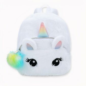 Suave mochila infantil de unicornio blanco. Buena calidad y muy de moda.