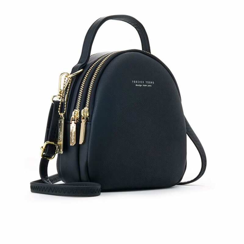 Mochila pequeña con cremallera para mujer - Negra - Bolso de piel
