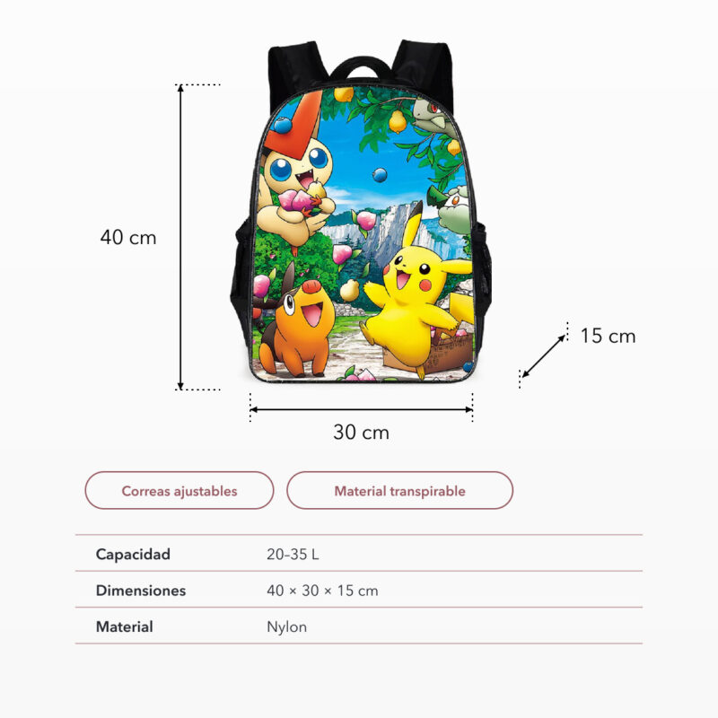 Mochila del universo Pokémon para niños con dimensiones y especificaciones