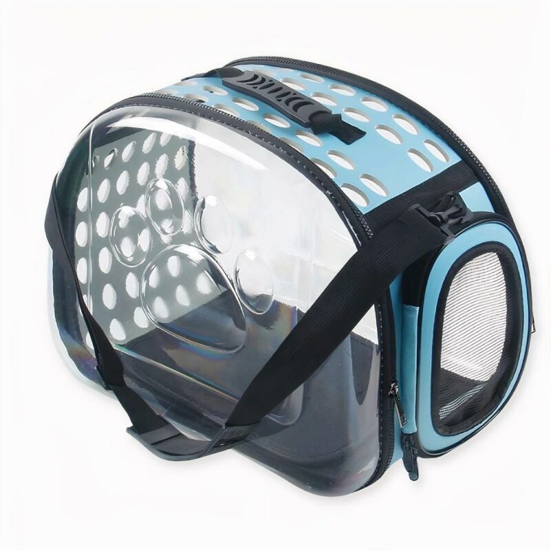 IMG_sac-transparent-bleu_1F Esta bolsa de transporte transparente para perros y gatos es la solución ideal para sacar a pasear a su perro o gato. Con sus laterales transparentes, su compañero podrá ver el mundo exterior durante el paseo. Los numerosos orificios ayudarán a su mascota a respirar fácilmente dentro de la bolsa.