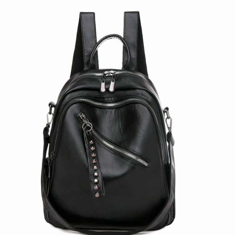 Mochila de cuero de color sólido para mujer - Negro - Bolso de cuero