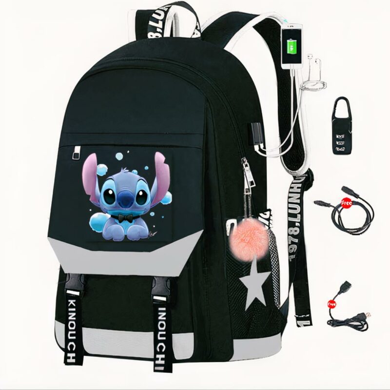 Mochila Stitch con cargador USB - Gris - Mochila escolar Camiseta