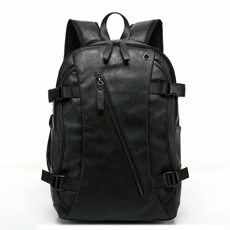 Mochila vintage masculina de polipiel negra con fondo blanco