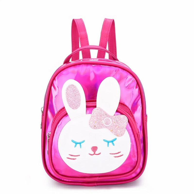 Mochila de niña de polipiel reflectante con motivo de conejo rosa y fondo blanco
