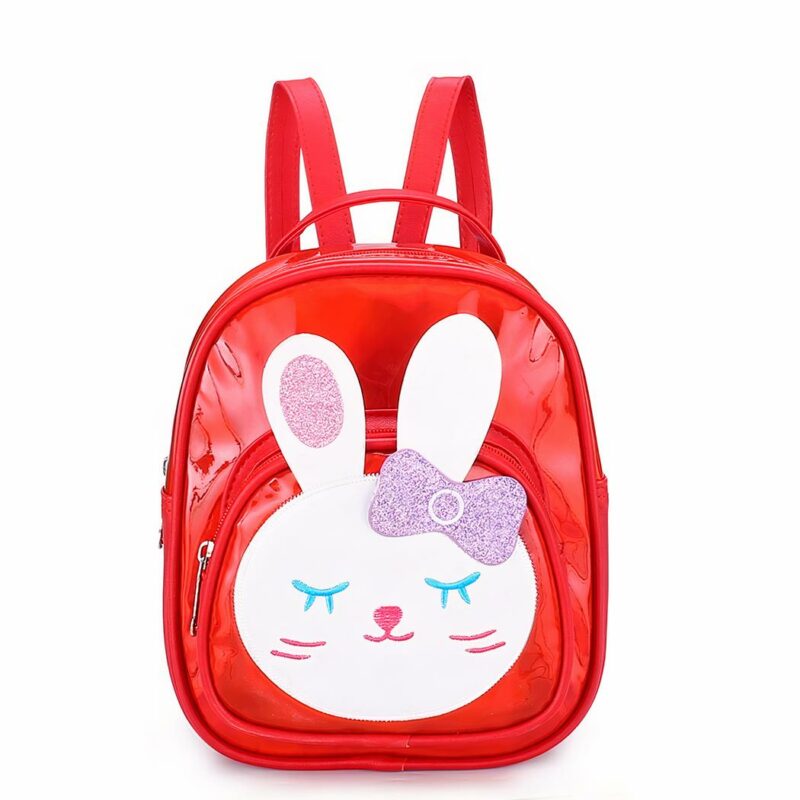 Mochila de niña de polipiel reflectante con motivo de conejo rojo y fondo blanco