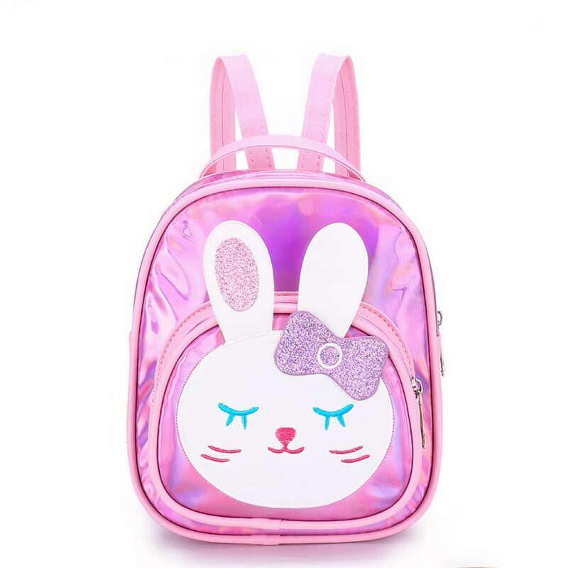 Mochila de niña de polipiel reflectante con motivo de conejo rosa y fondo blanco