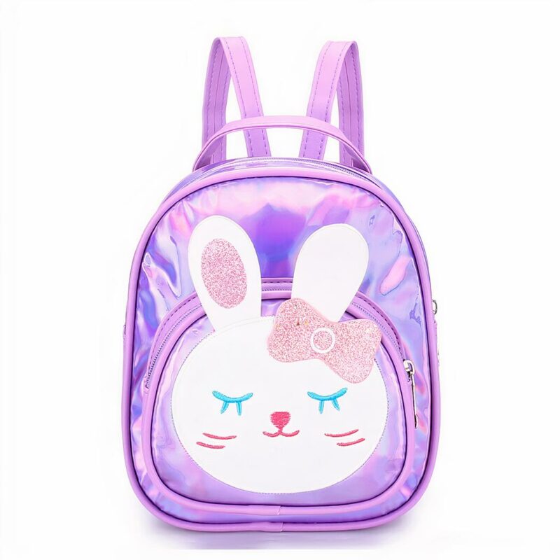 Mochila de niña de polipiel reflectante con motivo de conejo morado y fondo blanco