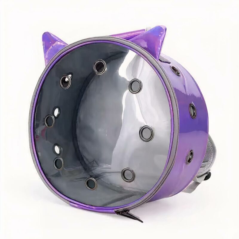 Mochila circular transparente para animales púrpura y transparente con fondo blanco