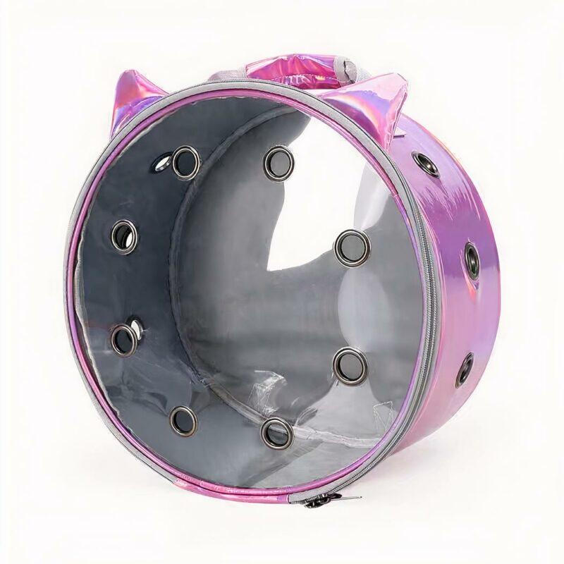 Mochila circular transparente y rosa de animales con fondo blanco