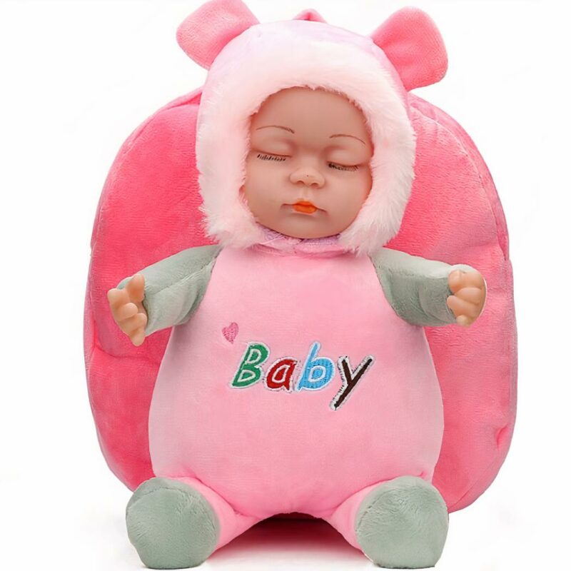 Mochila de bebé de felpa 3D rosa con fondo blanco