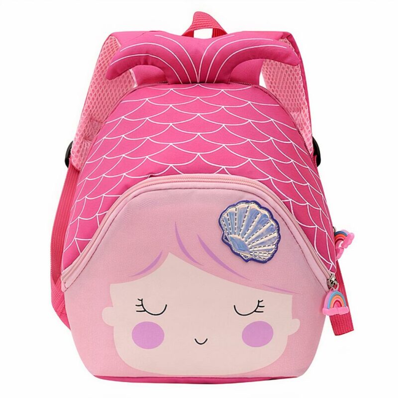 Mochila de niña en forma de sirena rosa con fondo blanco