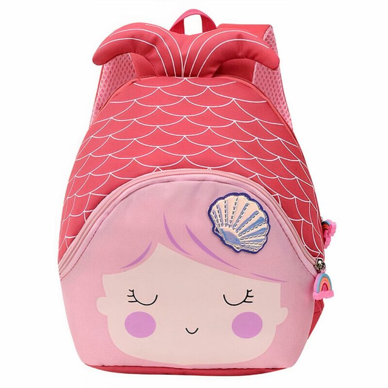 Mochila de niña en forma de sirena rosa con fondo blanco