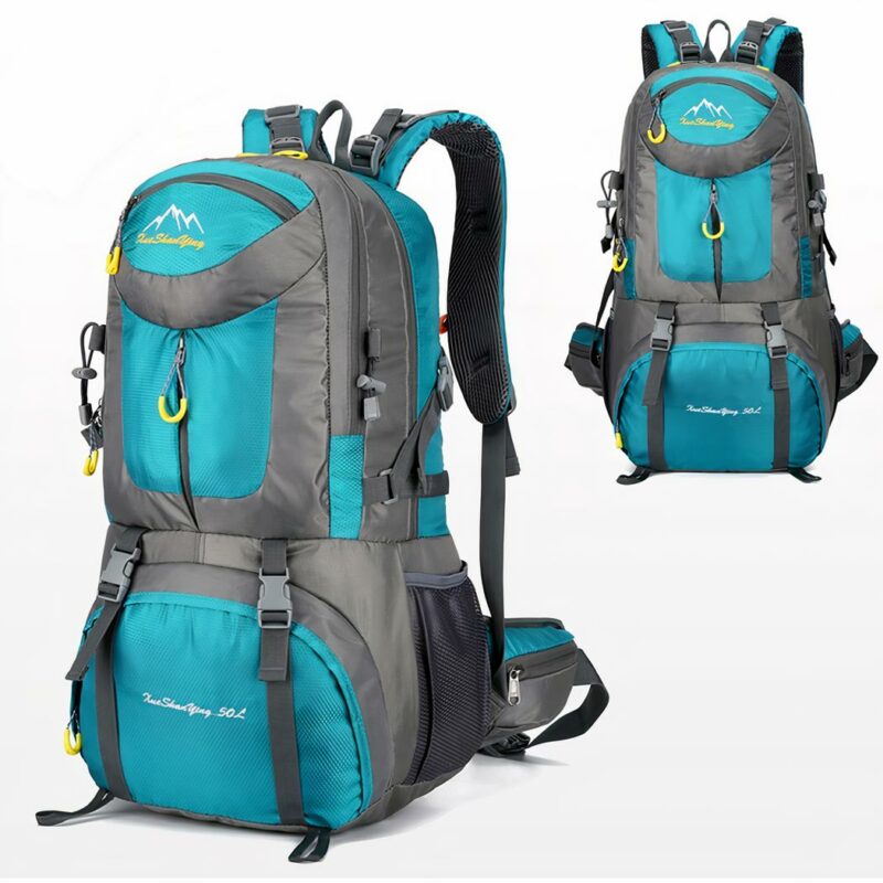 Gran mochila impermeable azul y gris con fondo blanco