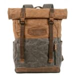 Moderna mochila de senderismo de imitación de cuero marrón y gris vintage