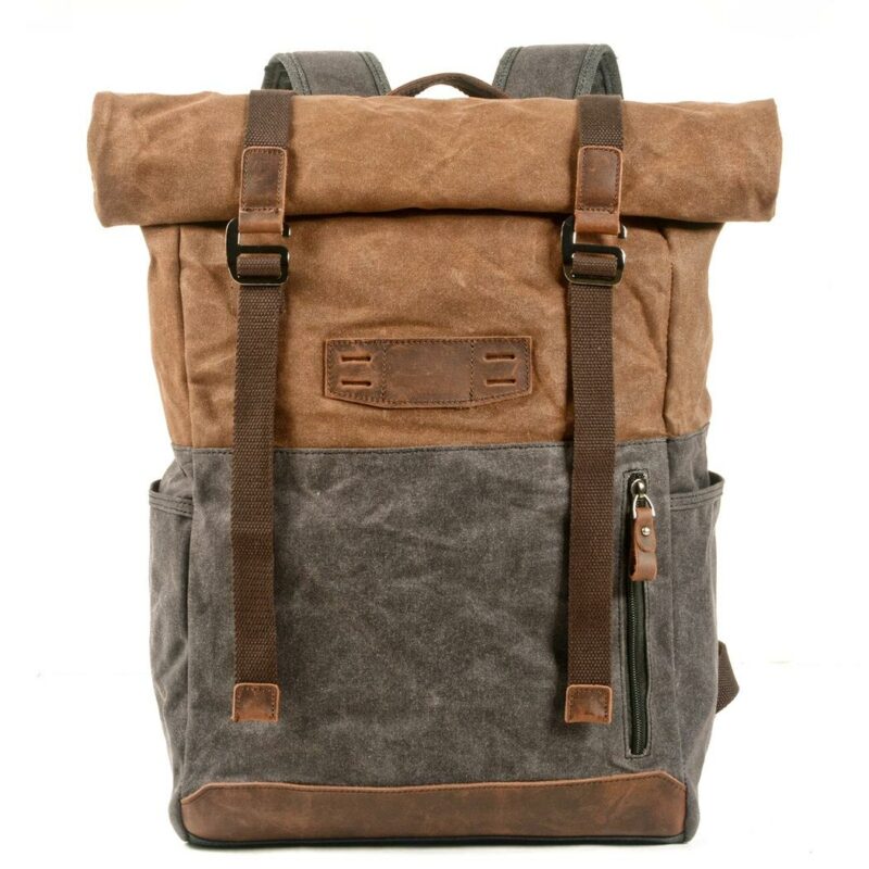 Moderna mochila de senderismo de imitación de cuero marrón y gris vintage