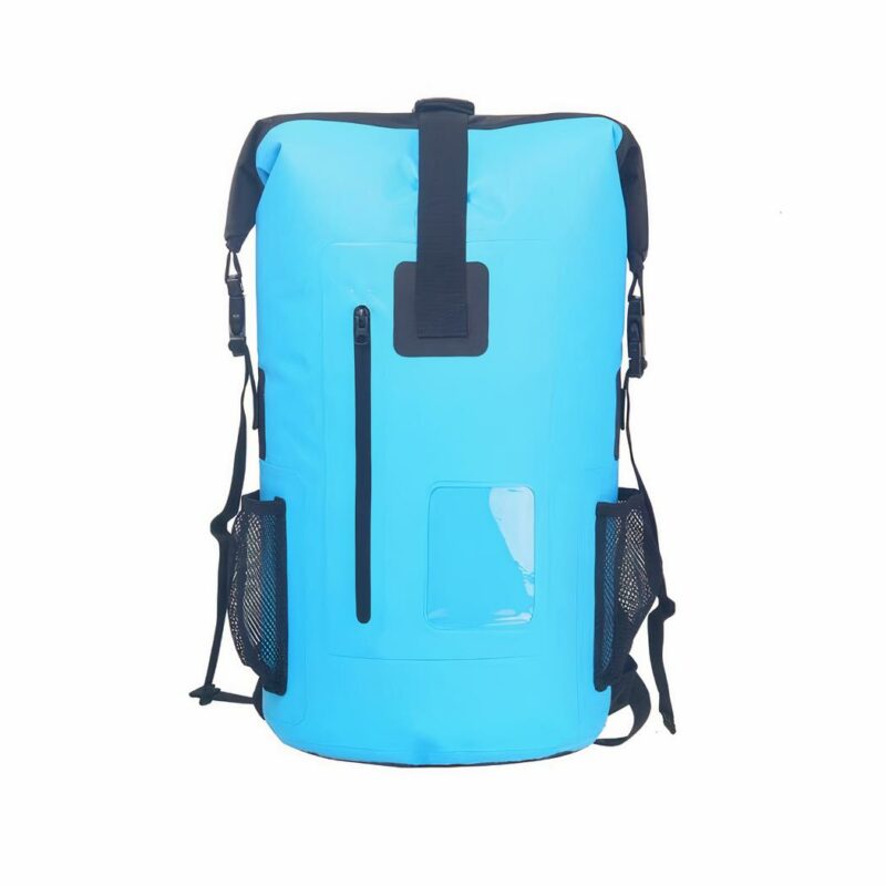 Bolsa impermeable enrollable para moto, azul con fondo blanco