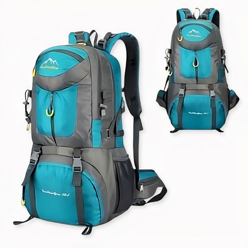 Gran mochila impermeable azul y gris con fondo blanco