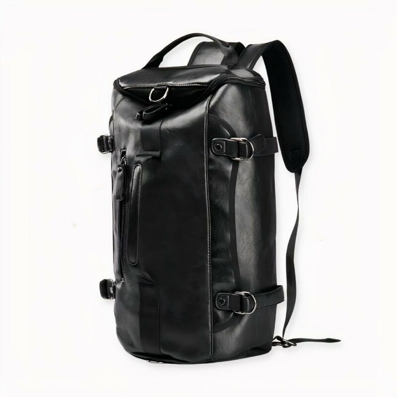 Esta mochila multifuncional de cuero negro es el accesorio ideal para sus viajes.