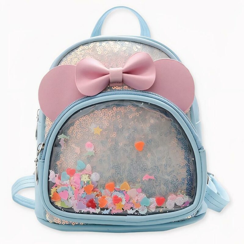 Petit_sac_à_dos_fille_avec_nœud_2 Mochila de niña azul con lazo rosa. Buena calidad y muy de moda.