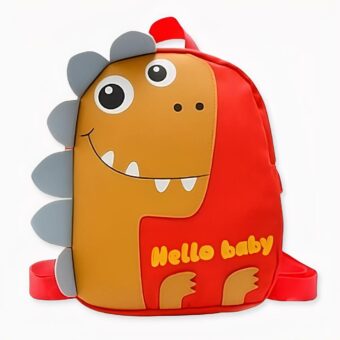 Pequeña mochila tiranosaurio naranja con dientes blancos. Buena calidad y muy a la moda.