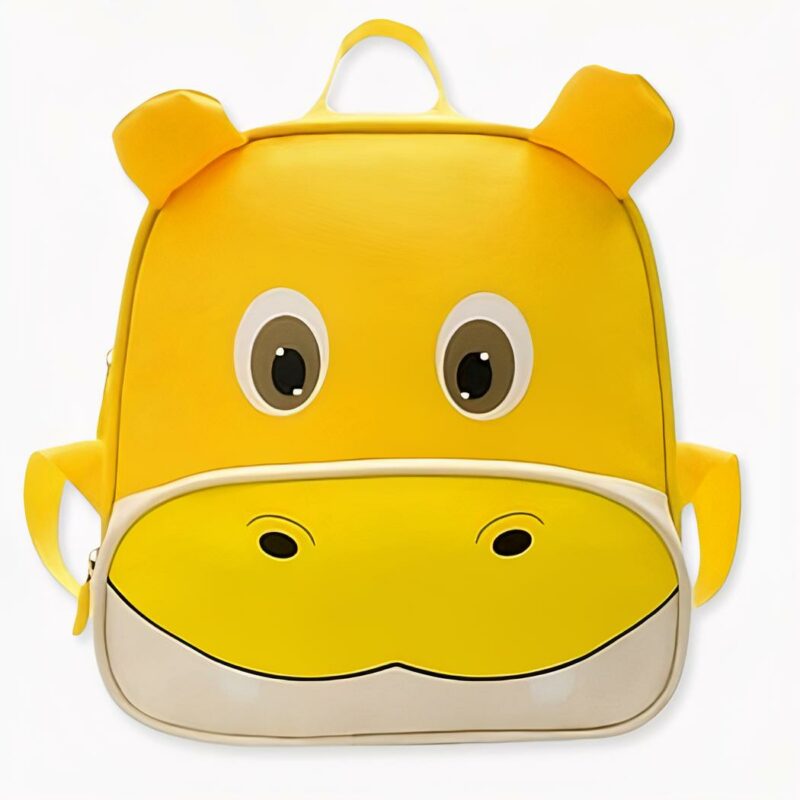 Mochila infantil de hipopótamo amarillo con fondo blanco