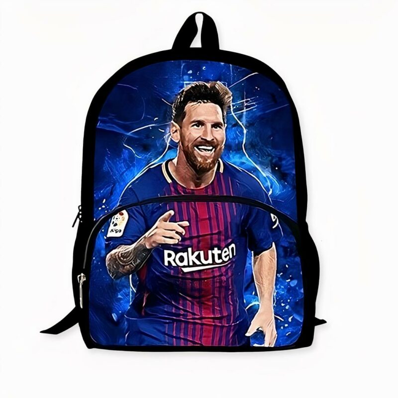 Mochila infantil azul con estampado de Messi. Buena calidad y muy de moda.