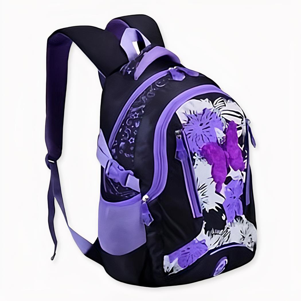 Colorida mochila de niña con motivos de mariposas moradas y negras. Buena calidad y muy a la moda.