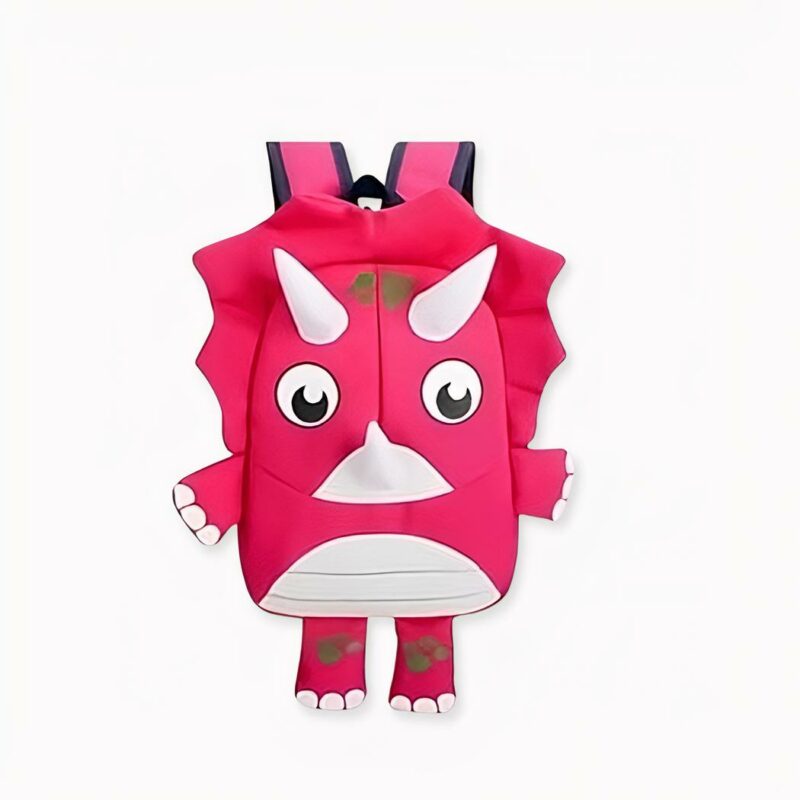 Mochila infantil con forma de dinosaurio, rosa y blanca.