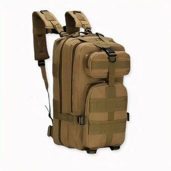 Mochila marrón para camping y senderismo, de buena calidad y muy práctica.