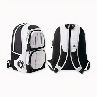 Mochila de viaje blanca y negra estilo Star Wars con fondo blanco