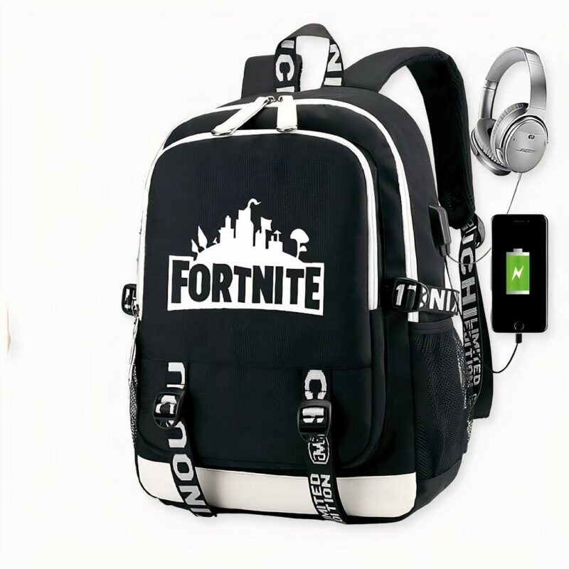 Mochila Fortnite con cargador USB - Jin BTS, negro. Buena calidad y muy de moda.