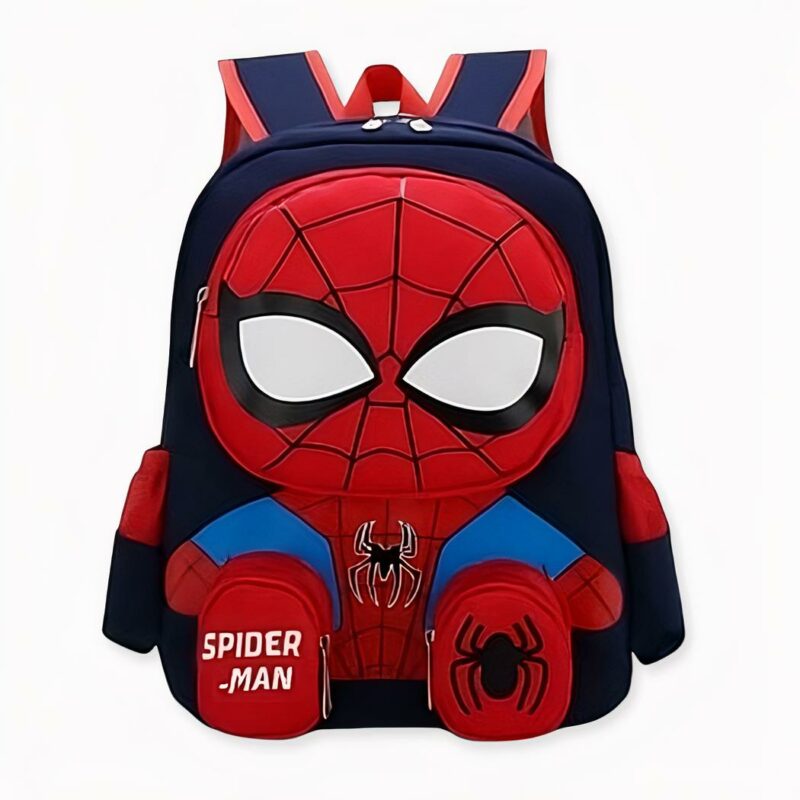 Suave mochila roja y azul de Spiderman con fondo blanco