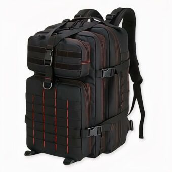 Mochila militar impermeable negra con 50L de capacidad y varios bolsillos
