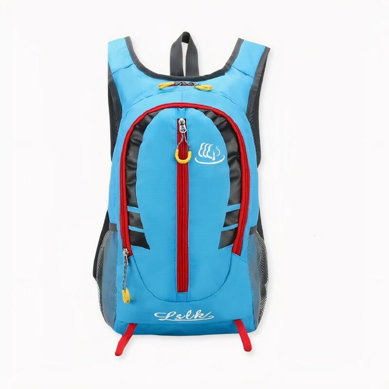 Mochila de esquí impermeable y transpirable de 20L en azul sobre fondo gris claro.