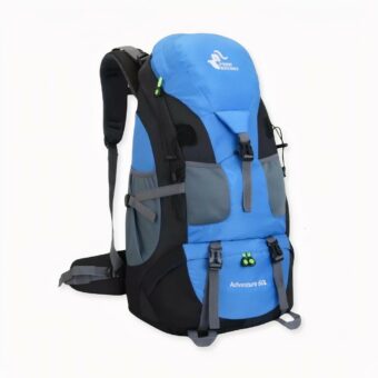 Mochila de esquí impermeable de 50L en azul sobre fondo gris claro.