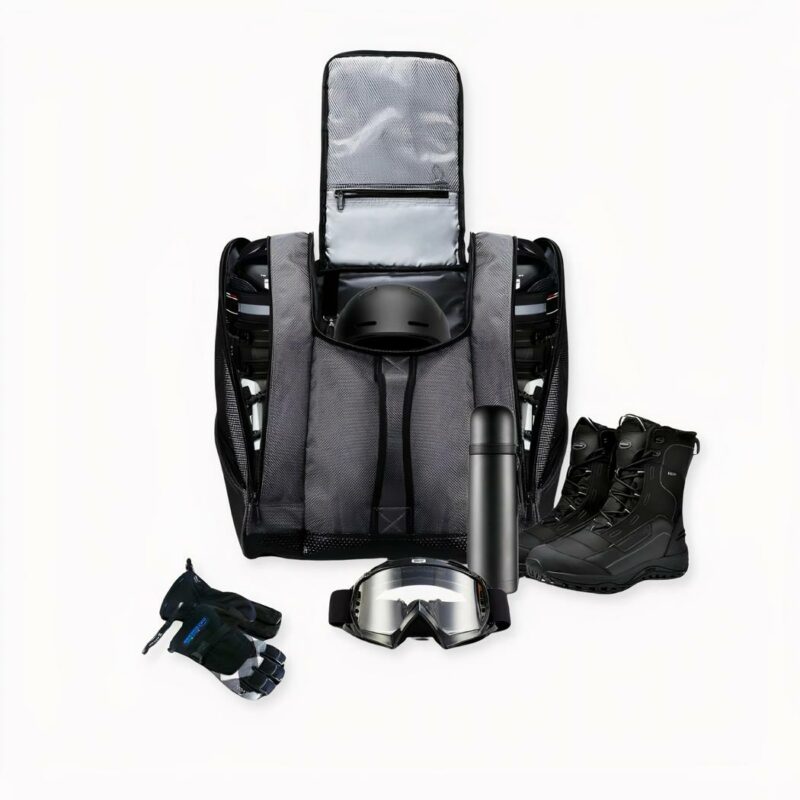 IMG_Sac à dos étanche de grande_capacité_pour_chaussures Mochila impermeable grande para botas y tablas de snowboard o esquí sobre fondo gris claro.