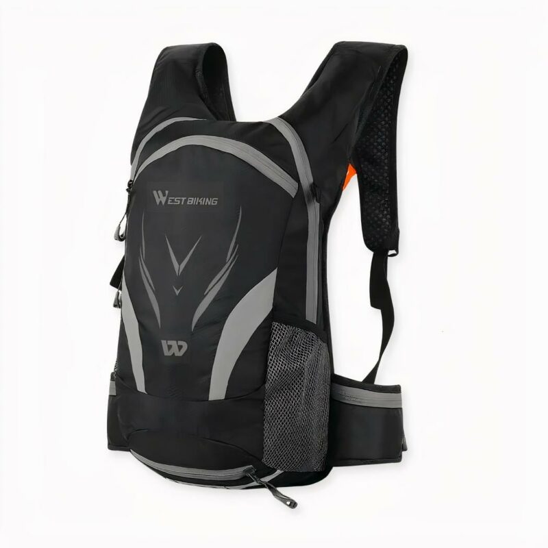Mochila ultraligera e impermeable de 16 litros en negro sobre fondo gris claro.
