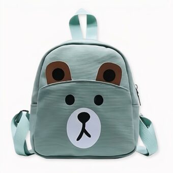 Mochila escolar con cabeza de osito para niños en verde y marrón. Buena calidad y muy de moda.