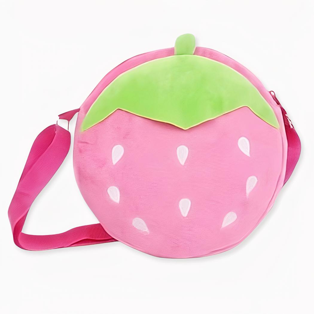 Mochila infantil de felpa de fresa en rosa con detalles en verde y blanco, de buena calidad y muy a la moda.