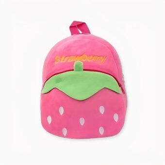 Mochila de felpa de fresa rosa o rosa-rojo. Buena calidad y muy a la moda.