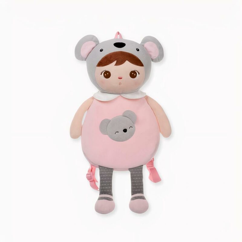 Mochila de peluche rosa y gris para niñas, de buena calidad y muy de moda.