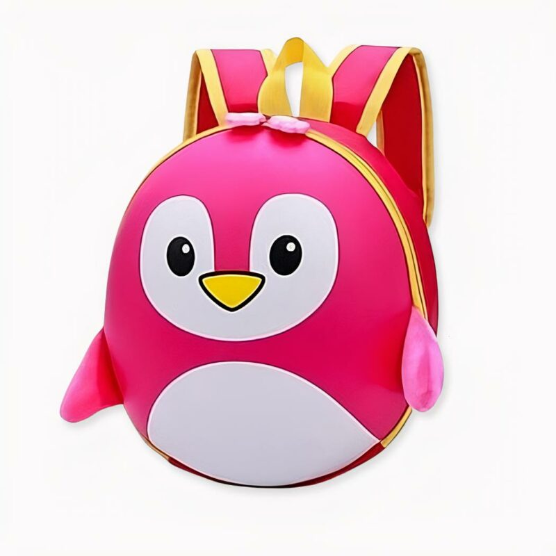 Mochila infantil rígida con forma de pingüino rosa y amarillo.