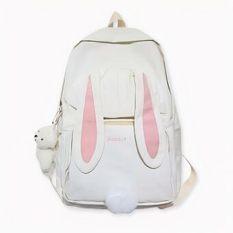 Mochila con orejas de conejo blancas y rosas. Buena calidad y muy de moda.