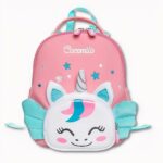 Mochila unicornio con estrellas rosas y verdes, de buena calidad y muy suave.